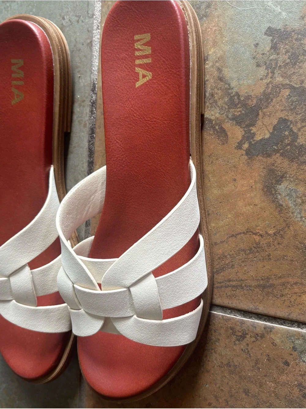 MIA White Braided-Strap Slide Sandals with Rust Footbed - Picture 2 of 4